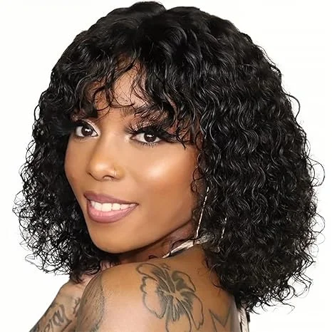 Petite bob wig suitable for women with small facesLumiere A1 Customized Natural Black Short Water Bob Human Hair Wig with Bangs Brazilian Non Lace Front Wig For Black Women