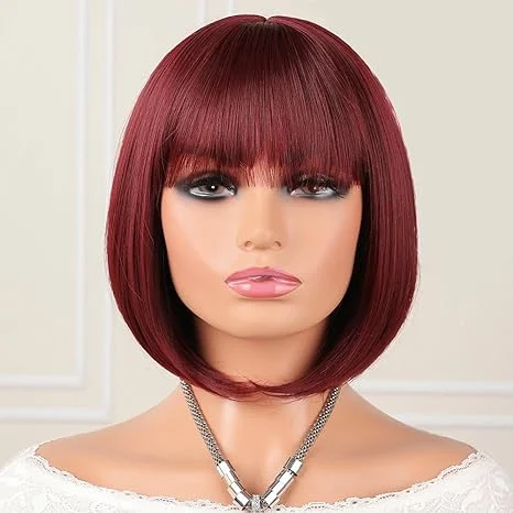 Bob wig with a pixie - inspired cut for a bold and stylish choiceLumiere A1 Customized Red Color #Burg Bob Wig with Bangs 14 inch Short Bob Wigs for Women Straight Bob Full Machine Wig