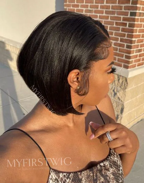 Malaysian Hair Angled Wedge Cut Yaki Bob Lace Front Wig - LFB051