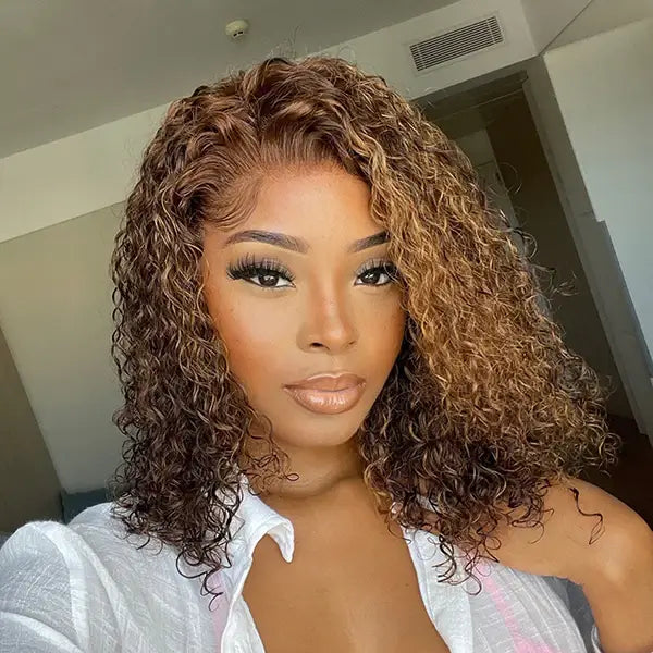 Bob wig with a monofilament cap for a breathable feelP4/30 Highlight Color Kinky Curly Short Bob 13X4 Lace Frontal Human Hair Wigs