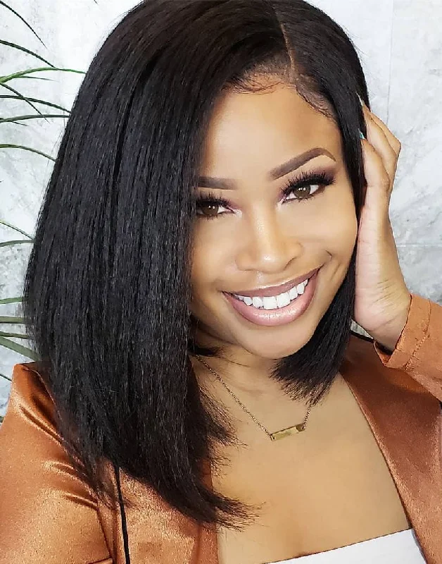 Nia - Kinky Straight Bob Human Hair Lace Front Wigs - LFK002