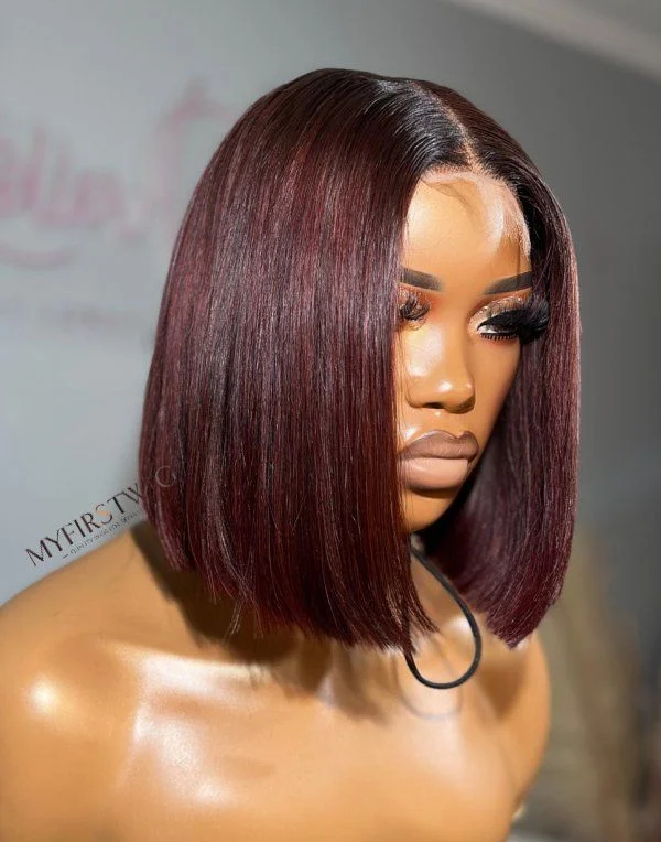 OpHair - Human Hair Burgundy Blunt Cut Bob Glueless Lace Front Wig - OPH089