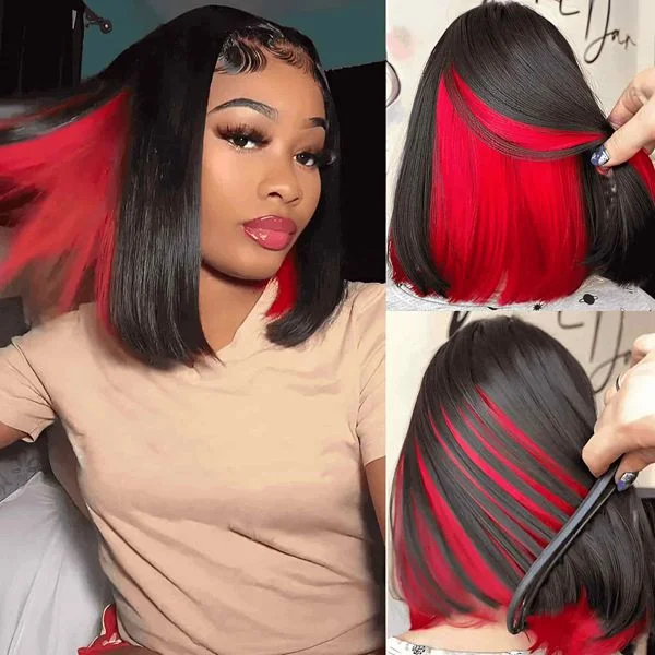 Layered bob wig to add volume and dimensionPeekaboo Red Highlight Bob Wig Short Straight Bob Human Hair Wigs 13x4 HD Lace Front Wig