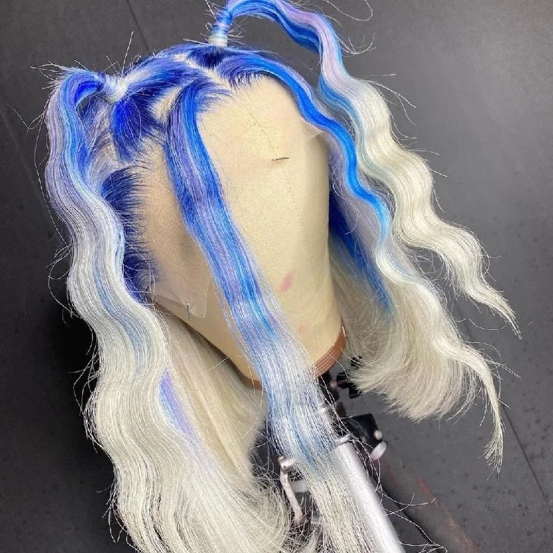 Peruvian Hair Iced Blond with Blue Straight & Deep Wave Lace Front Bob Wig