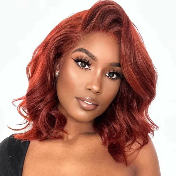 Reddish Brown Wavy Bob Wigs Short Colored 13x4 Glueless Lace Front Human Hair Wigs