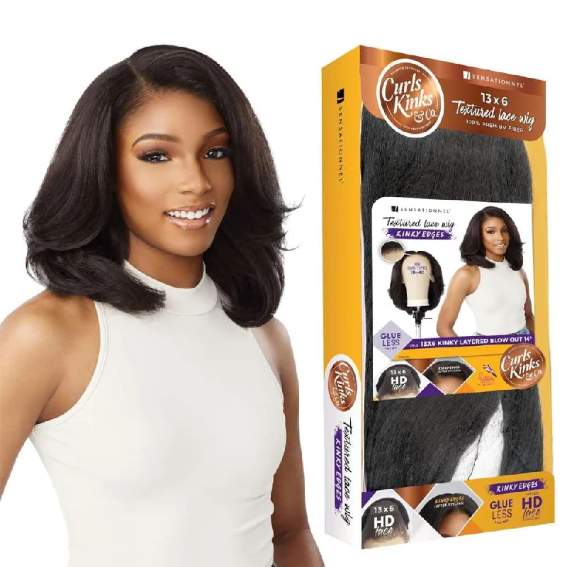 Bob wig with a wavy texture for a beachy lookSensationnel Kinky Edges 13x6 HD Lace Wig - Kinky Layered Blow Out 14"