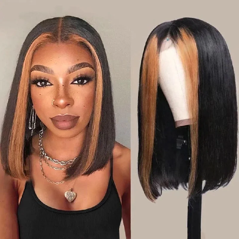 Bob wig with a curly fringe for a playful and youthful vibeHoney Blonde Highlights Straight Short Bob 13x4 Lace Front Wig Natural Hairline