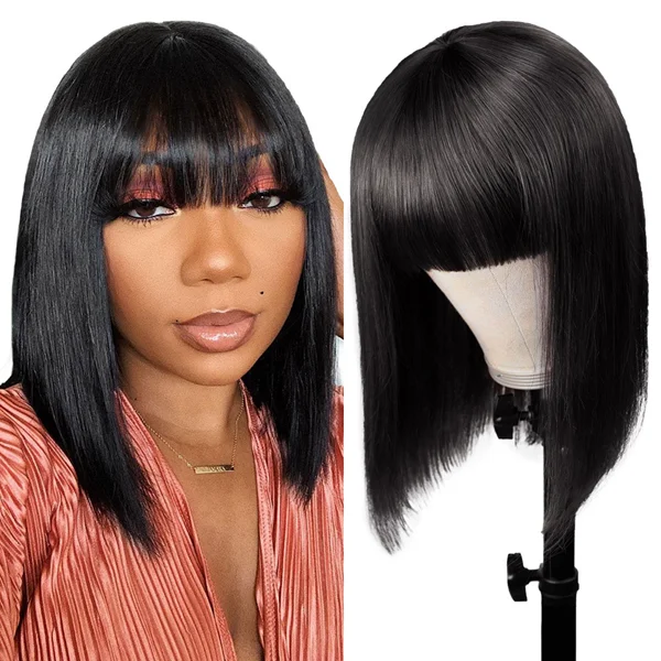 Short Bob Wig With Bangs Straight Glueless Full Machine Made Human Hair Wig