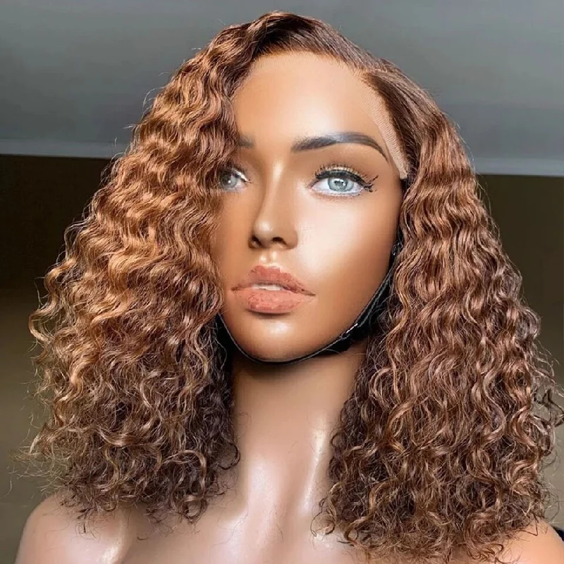 Short Curly #30 Honey Blonde Bob Wig 13×4 Lace Front Human Hair Wigs For Women  Brazilian Kinky Curly Wig HDZ