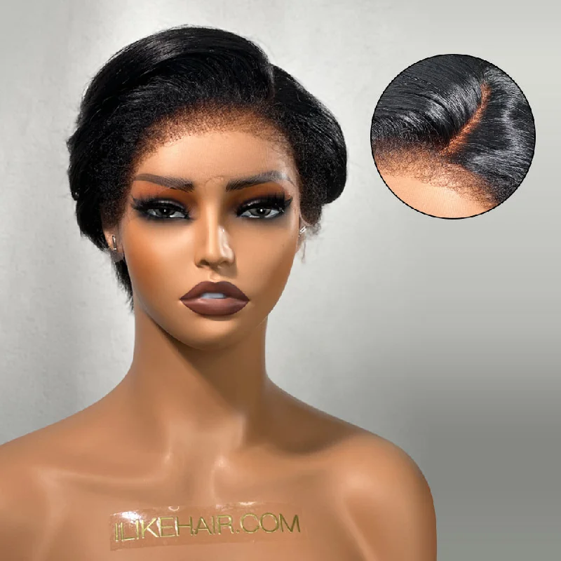 Short Pixie Cut Layer Hair Kinky Edges Lace Frontal Wig