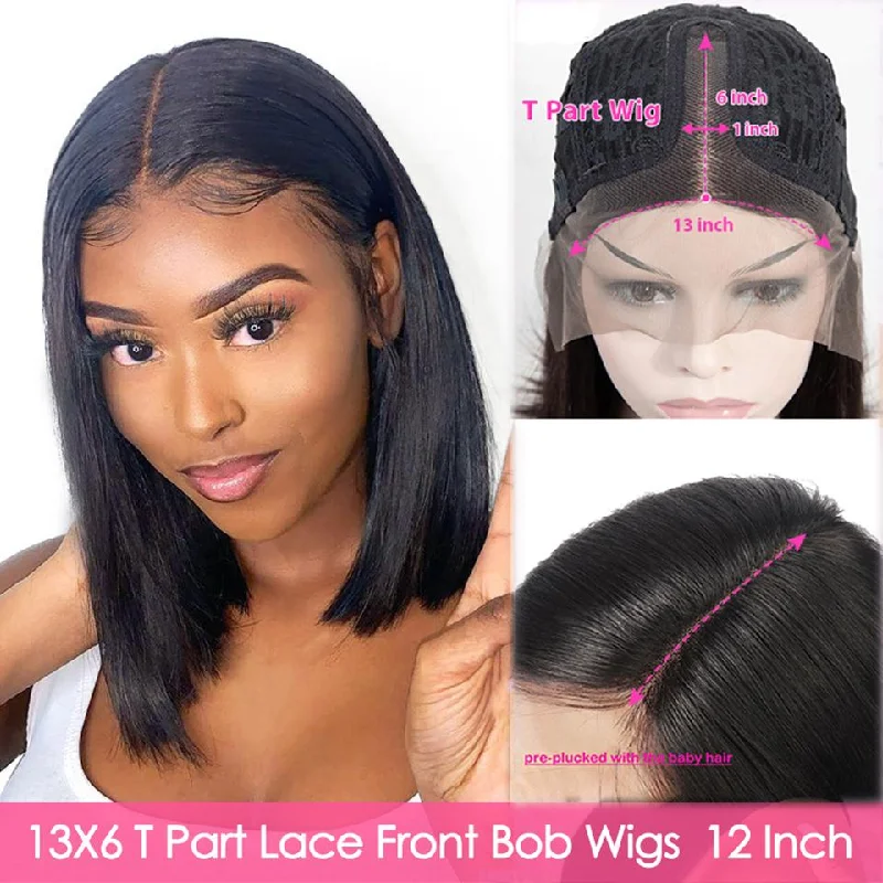 Bob wig with a curly fringe for a playful and youthful vibeStraight Bob T Part Lace Brazilian Wigs For Black Women