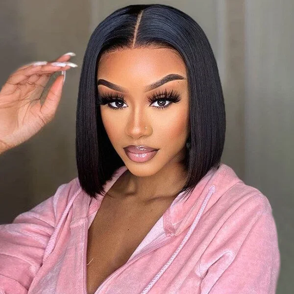 Bob wig with a curly fringe for a playful and youthful vibeShort Bob Wigs Straight Hair 4x4 Lace Closure Human Hair Wigs With Full Ends