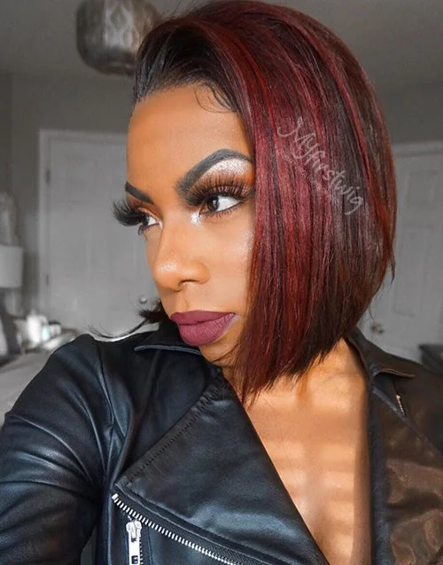 Symone - Human Hair Burgundy Highlight Short Bob Lace Front Wig - LFB028