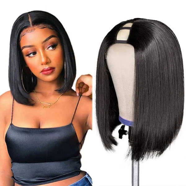 U Part Wig Straight Short Bob Human Hair Wig Full Machine Made Glueless Hair Wigs for Women