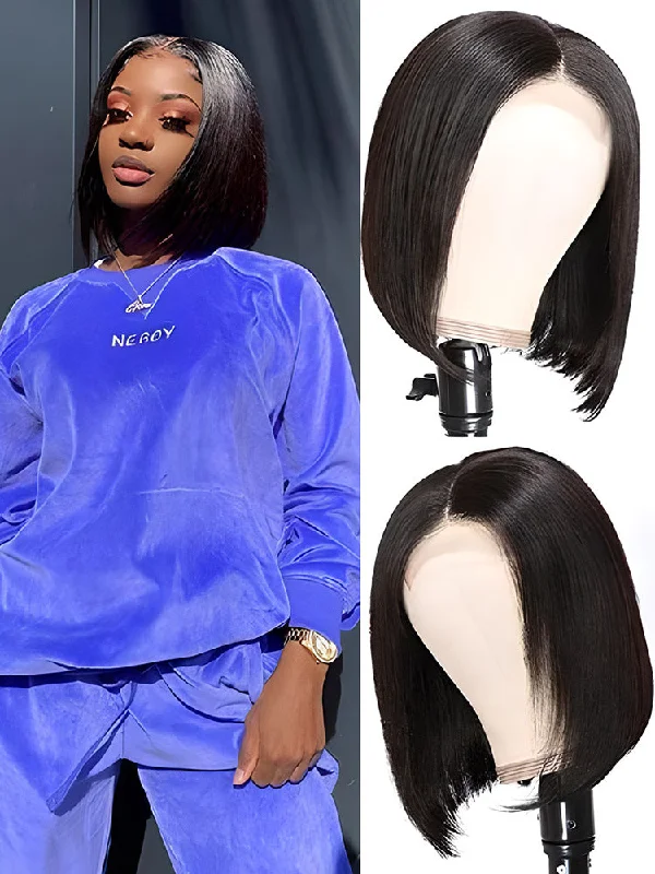 Adjustable - cap bob wig for a comfortable fitCurlyMe Short Haircuts Straight Hair 4x4 Lace Closure Bob Wigs Pre Plucked