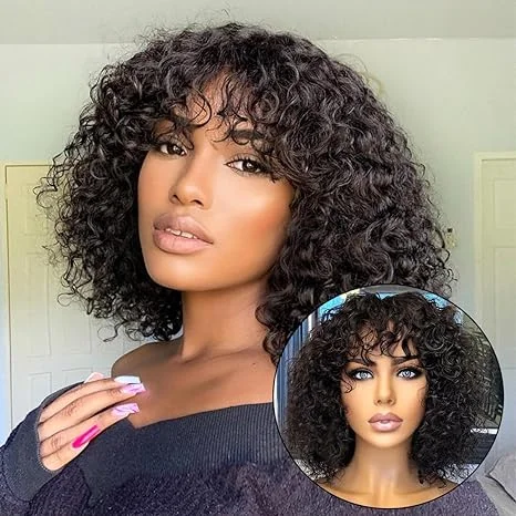 Water Wave Short Bob Wig With Bangs Full Machine Made For Black Women