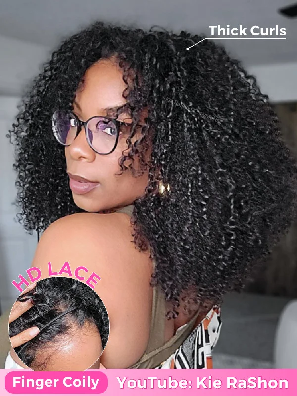 Adjustable - cap bob wig for a comfortable fitCurlyMe Pre-style Finger Coily 250% Thick Curls Wear Go Glueless Wig 6x4 Pre-cut HD Lace Wig Pre-plucked