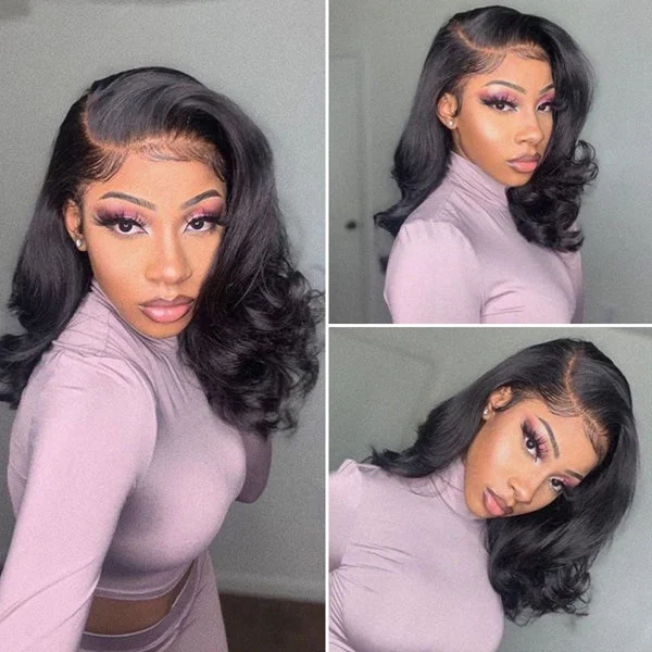 Bob wig in a jet - black color for a classic appearance4X4 / 13x4 Body Wave Short Bob Human Hair Wigs For Women 180% Density