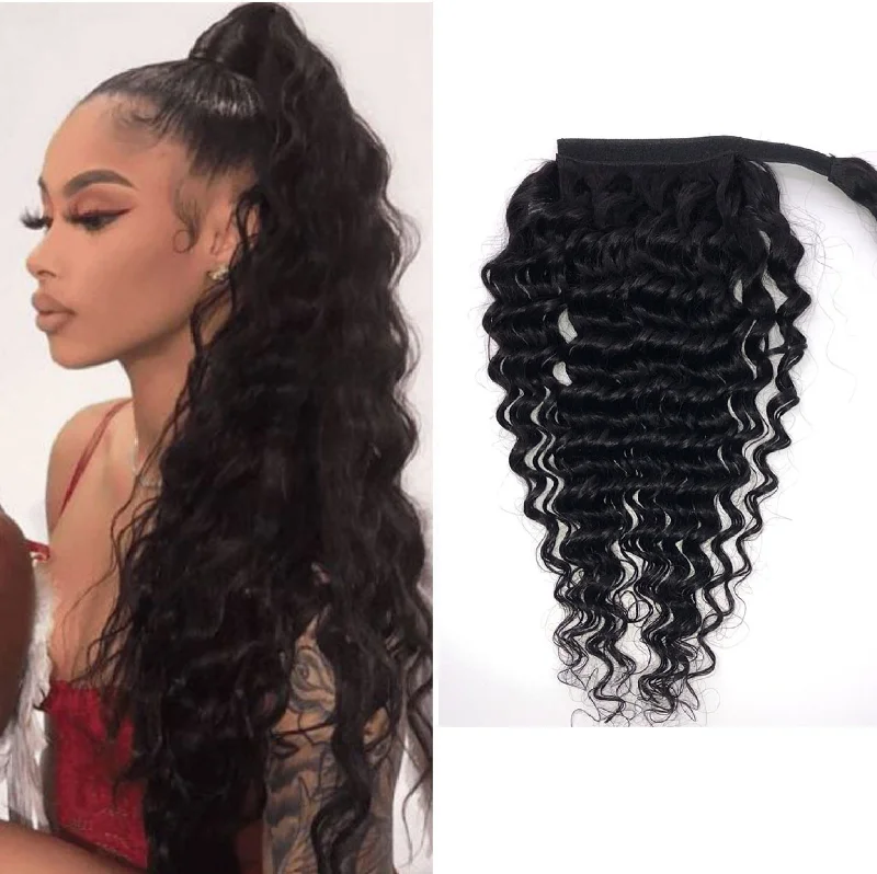 Synthetic ponytails with heat - resistant fibers for easy stylingDeep Wave Human Hair Clip-in Ponytail Brazilian Hair 100gram for Black Women