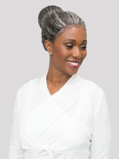 Ponytails with adjustable length for a customized fitFemi Collection Ms Granny Premium Synthetic Hair Piece- DONUT DOME