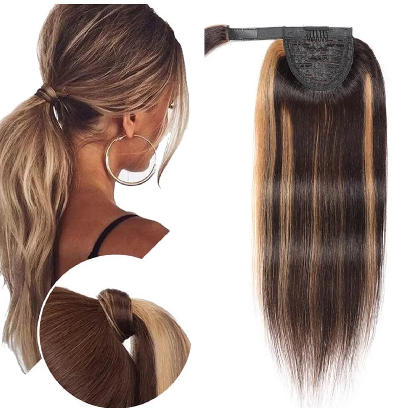 Low - profile ponytails for a sophisticated and understated styleHighlight Human Hair Clip-in Ponytail #P4/27 Straight Hair for Black Women