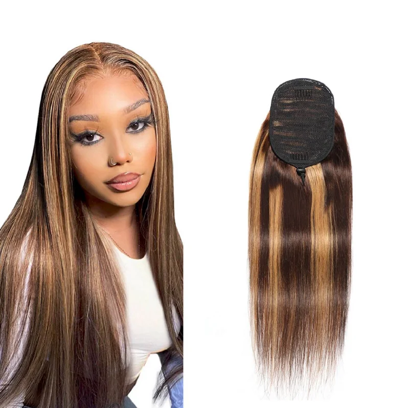 Ponytails with adjustable length for a customized fitHighlight Human Hair Drawstring Ponytail #P4/27 Straight Hair for Black Women