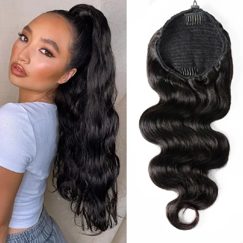 Black - colored ponytails for a classic and timeless appearanceHuman Hair Drawstring Ponytail Body Wave Brazilian Hair Clip In Ponytail