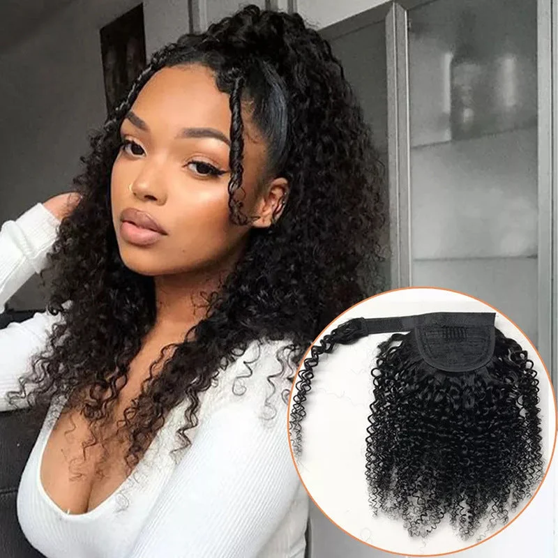 Low - profile ponytails for a sophisticated and understated styleHuman Hair Kinky Curl Clip-in Ponytail  Black Curly Ponytail Extension