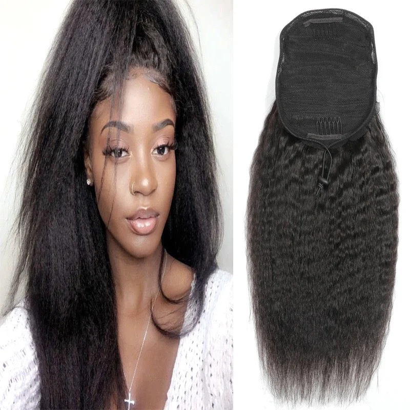 Ponytails with a side - swept bang for a flattering and stylish lookBrazilian Human Hair Kinky Straight Ponytail Drawstring  Puff Hair Extension