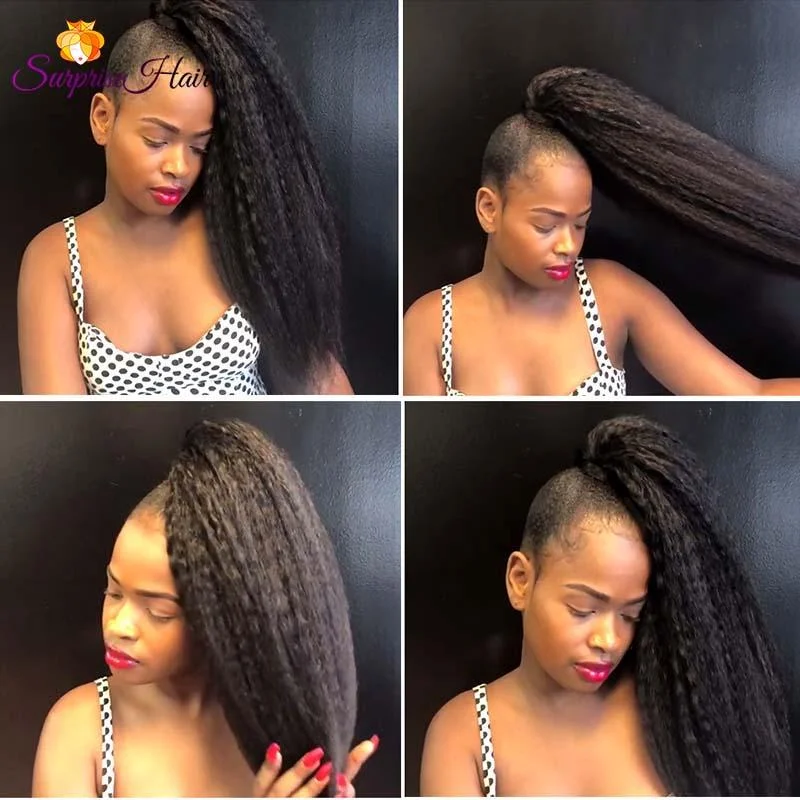 Ponytails with a natural - looking scalp for a more realistic appearanceBlack Kinky Straight Human Hair Ponytail Clip In for Black Women