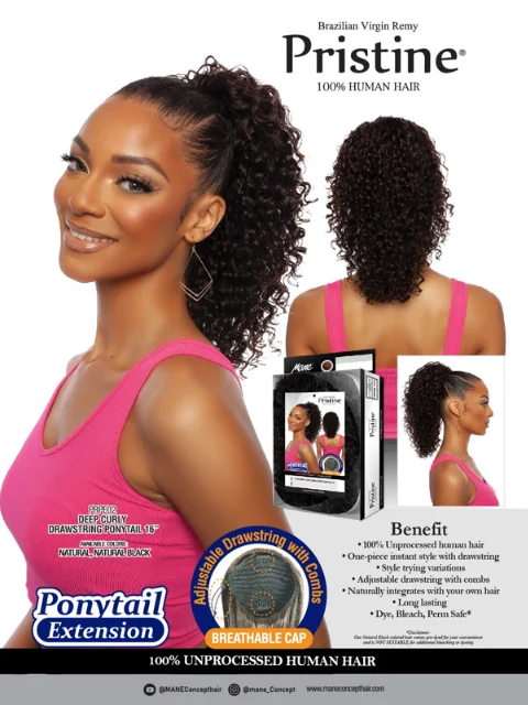 Clip - on ponytails for a quick and convenient hair changeMane Concept Pristine 100% Human Hair Ponytail Extension - DEEP CURLY DRAWSTRING PONYTAIL 16" PRPE02