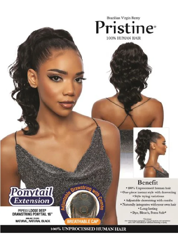 Clip - on ponytails for a quick and convenient hair changeMane Concept Pristine 100% Human Hair -PRPE03 LOOSE DEEP DRAWSTRING PONYTAIL 16"