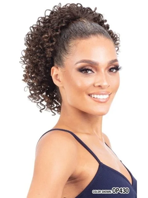 Clip - on ponytails for a quick and convenient hair changeModel Model Miss Divine Human Hair Blend MasterMix Drawstring Ponytail- PASSION CURL