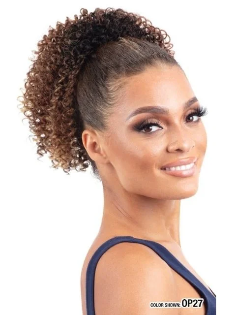 Extension ponytails with a secure elastic base for all - day comfortModel Model Miss Divine Human Hair Blend MasterMix Drawstring Ponytail- SPRINGY