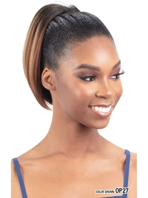 Straight ponytails with a sleek finish for a modern and polished lookModel Model Miss Divine Human Hair Blend MasterMix Drawstring Ponytail- YAKY FLIP IN