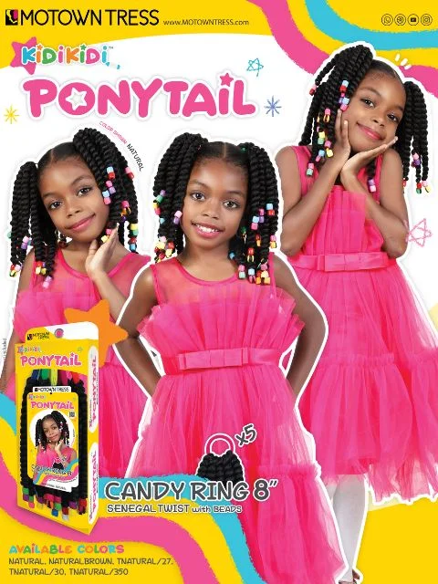 Curly ponytails with tight ringlets for a playful and feminine vibeMotown Tress Kidikidi Drawstring Ponytail CANDY RING 5" x5 Senegal Twist w/ Beads