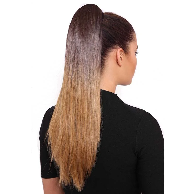 Straight ponytails with a sleek finish for a modern and polished lookBrown ombre ponytail extension human hair straight for Black Women