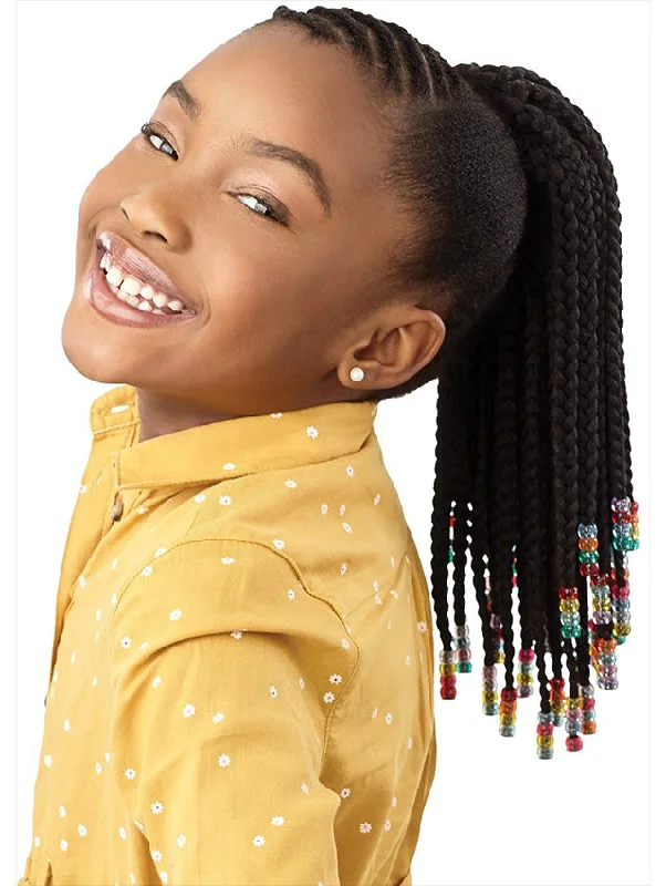 Ponytails with a side - swept bang for a flattering and stylish lookOutre Lil Looks Premium Synthetic Drawstring Ponytail - BEADED BOX BRAIDS 12