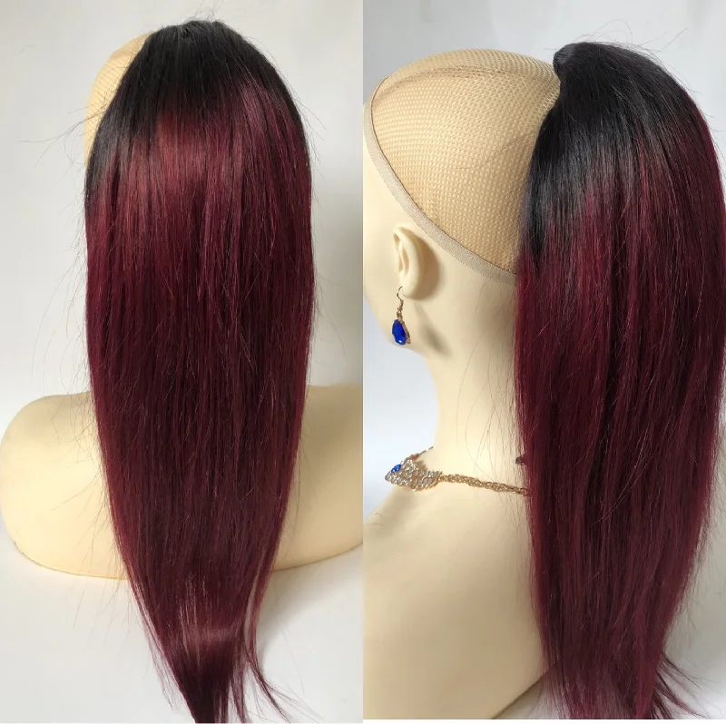 Ponytails for a gym workout with moisture - wicking propertiesRed Ombre Human Hair Ponytail Straight drawstring ponytail for Black Women