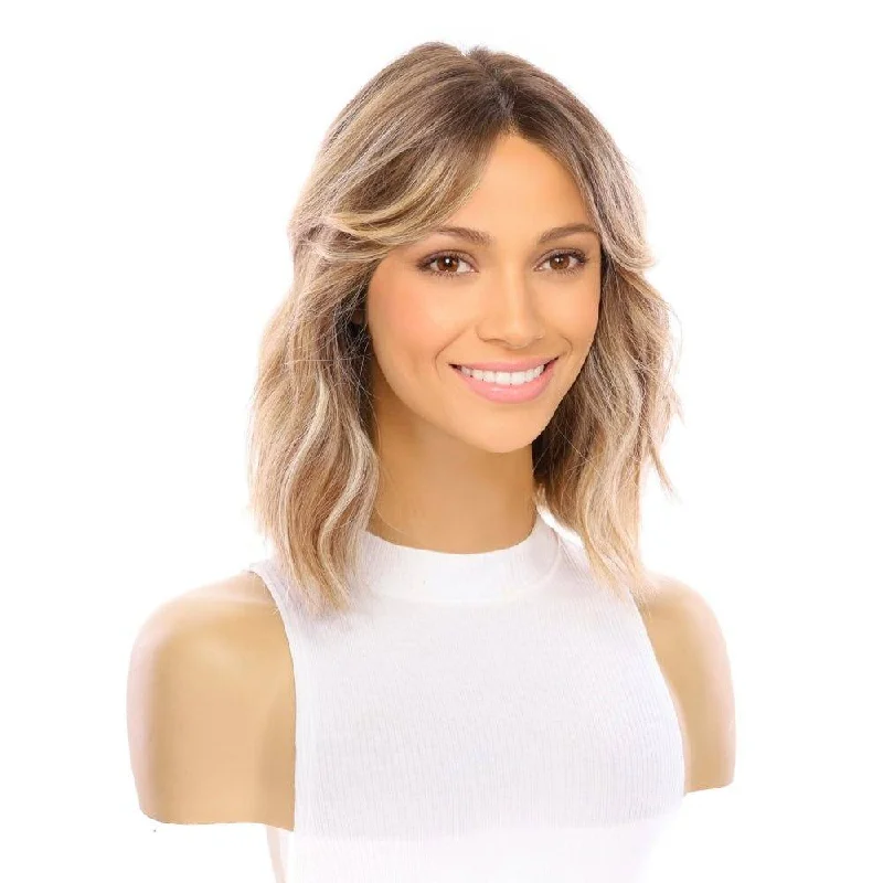 Short wig with auburn highlights for a warm and rich color12" Divine Luxe Lace Top Wig Light Brown w/ Blonde Balayage, Face Framing & Partial Rooting