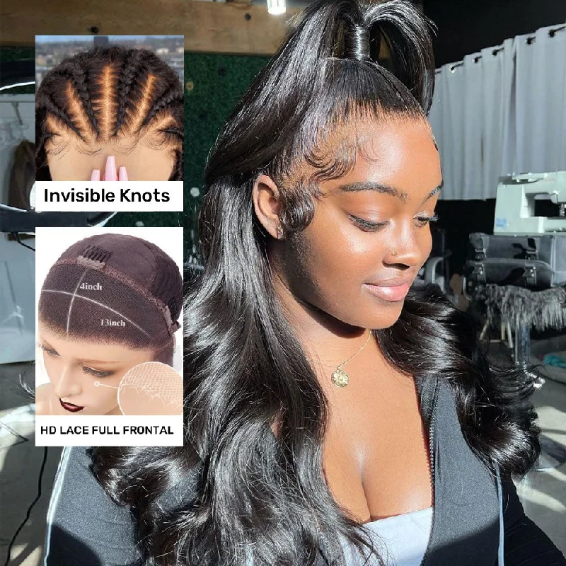 Wavy wig with a wispy fringe for a soft and feminine look13x4 Knot-Free FULL FRONTAL HD Skin Melt Lace Preplucked Human Hair Lace Wig | Body Wave