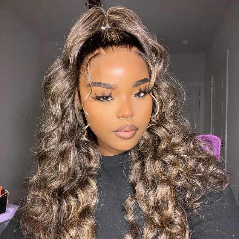 Wavy wig with a side - part for a more flattering lookMegalook 13x4 Loose Wave Balayage Highlight Honey Blonde Human Hair Wigs Transparent Hd Lace Front Wigs