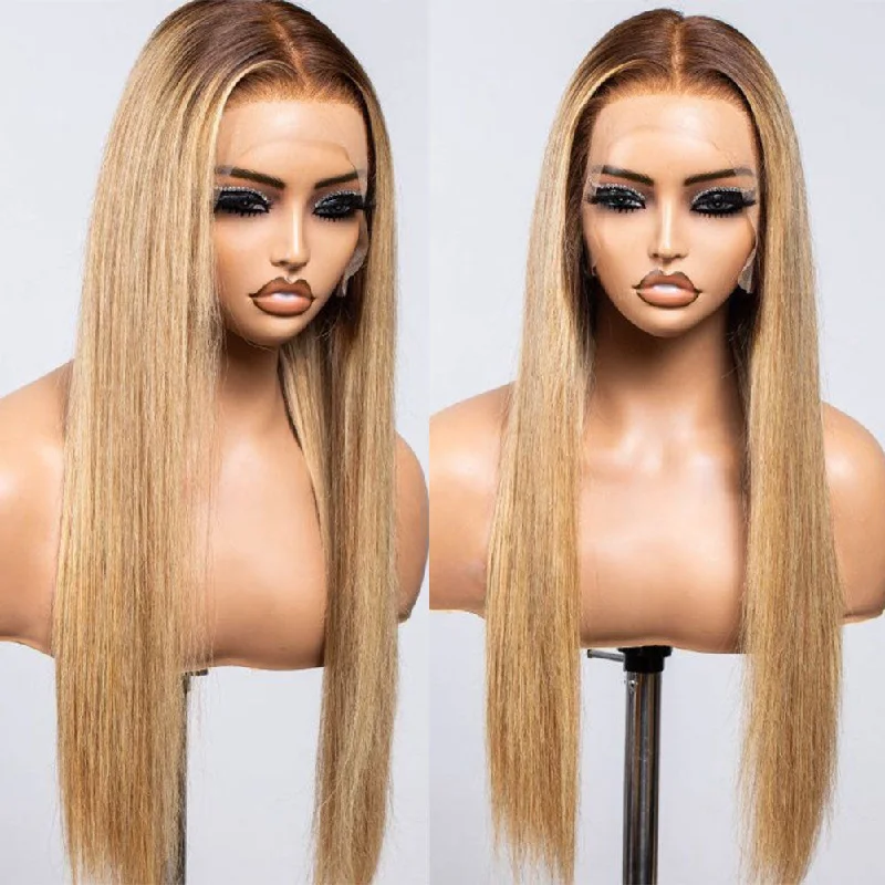 Wavy wig with a pre - styled curl pattern for convenience13x6 Skin Melt Lace Delicate Hairline Ombre Brown/Blonde Human Hair Lace Front Wig