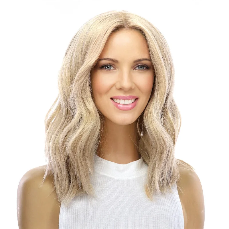 Short wig with auburn highlights for a warm and rich color16" Ponytail Silk Part Wig Platinum Blonde w/ No Rooting