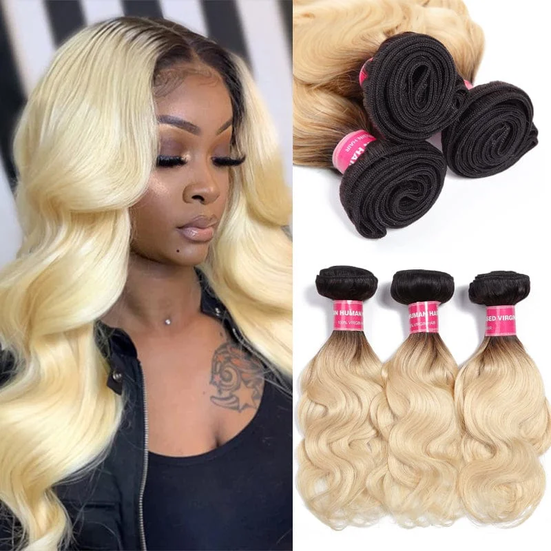 Wavy wig with a 180 - density for a full and thick appearanceKlaiyi 1B/613 Body Wave Ombre Hair 3 Bundles, 2 Tone Color Human Hair Weave Extensions For Sale