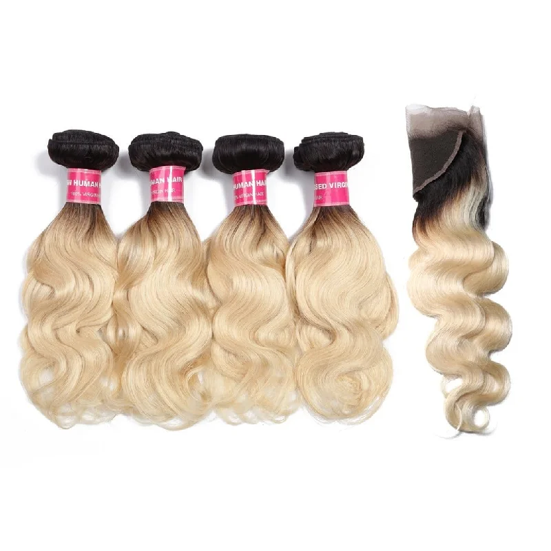 Ombre wavy wig with a seamless color blendKlaiyi 1B/613 Body Wave Ombre Hair 4 Bundles with 13*4 Frontal Closure, 2 Tone Color Human Hair Weave Extensions For Sale