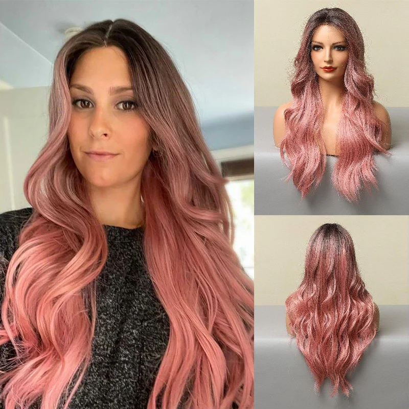 Curly wig with a side - swept bang for a sophisticated look23 Inches Rose Gold With Roots Synthetic Wig-ROSIE(lace front version)