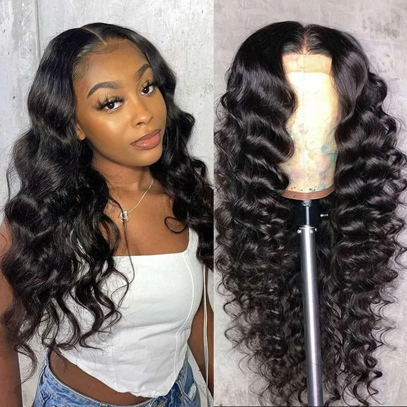 Wavy wig with a natural - looking root for a more realistic lookMegalook Loose Wave Lace Closure Wigs 4X4 Lace Closure Human Hair Wig Can Be Dyed Permed