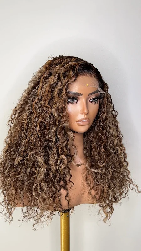 Curly wig with a pre - plucked hairline for a more natural look6*6 kinky curly ash blonde highlights