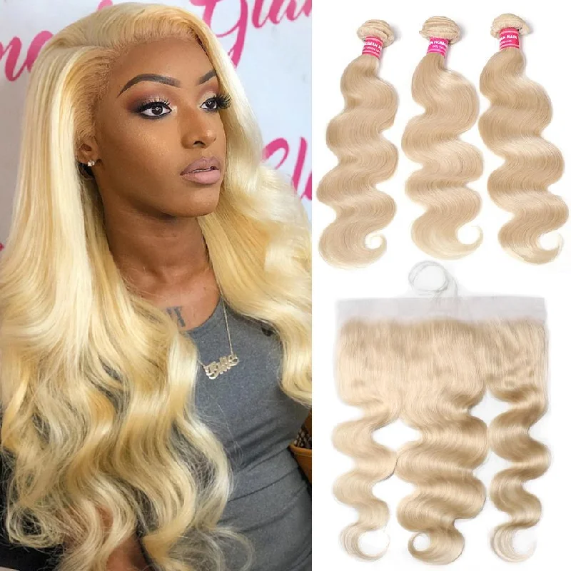 Wavy wig with a 180 - density for a full and thick appearanceKlaiyi 613 Blonde Body Wave Human Hair 3 Bundles with 13*4 Lace Frontal Closure